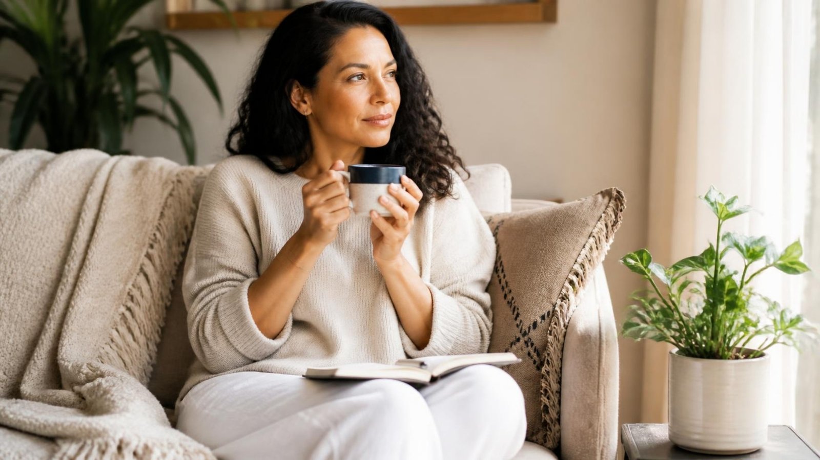 Woman relaxing at home with a warm drink and notebook